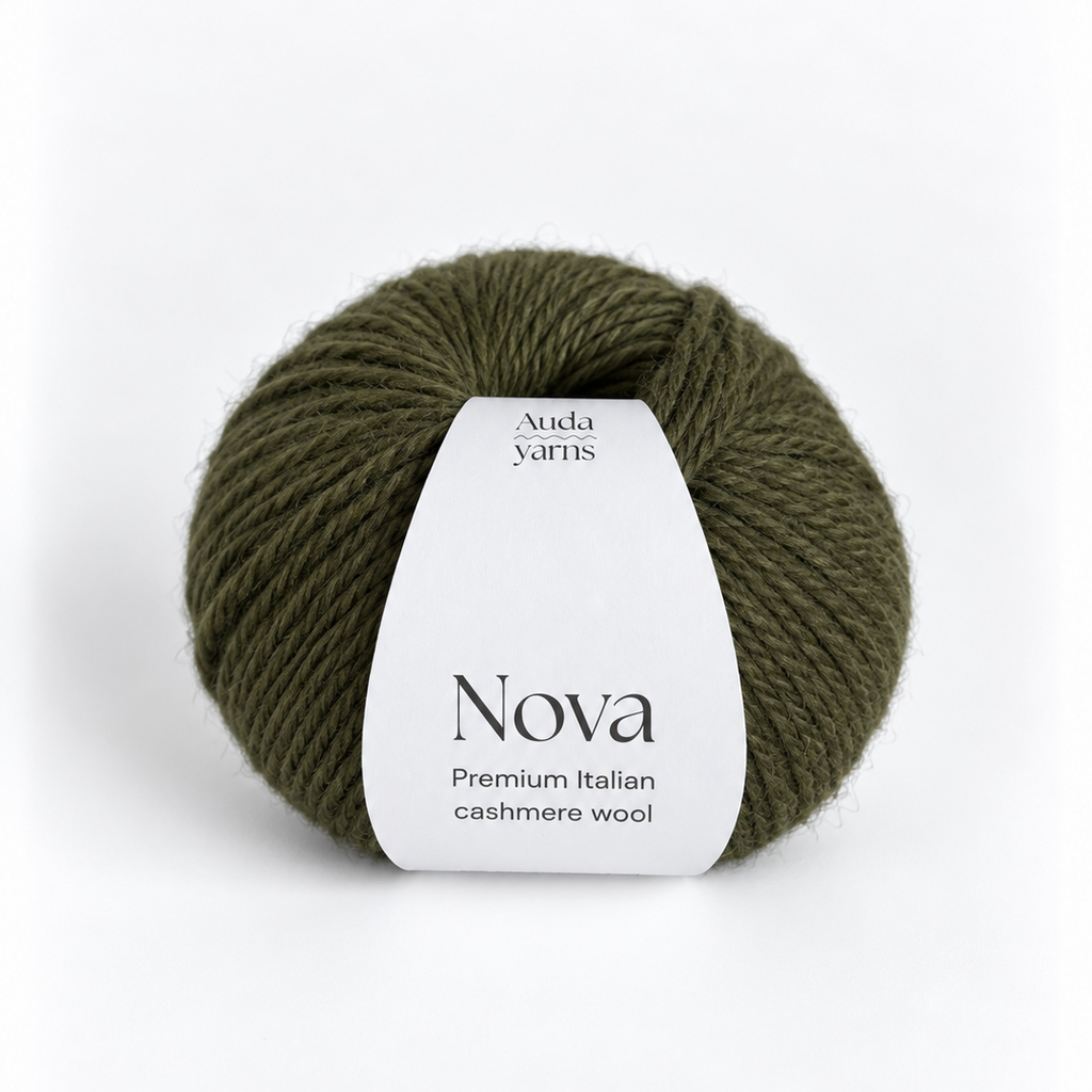 A ball of olive green Nova yarn with a white paper label, photographed on a clean white background.