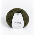 A ball of olive green Nova yarn with a white paper label, photographed on a clean white background.